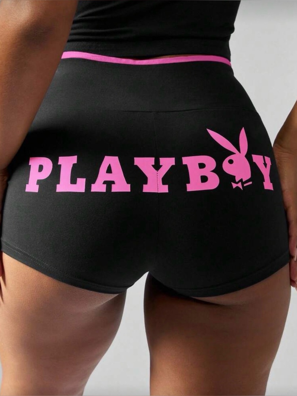 •Sporty Glam• Playboy Black & Pink High-Waisted Active Shorts | Bunny Logo